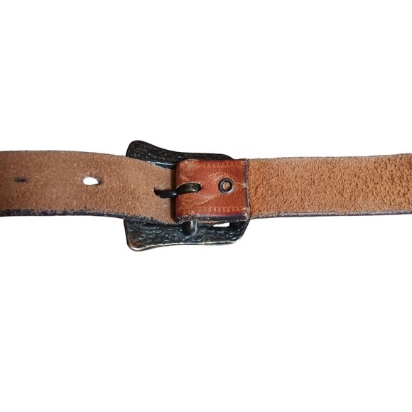 Vintage Hippie Leather Belt 1970's With Brass Buckle 26 27 28 29 Floral Skinny - Picture 5 of 5